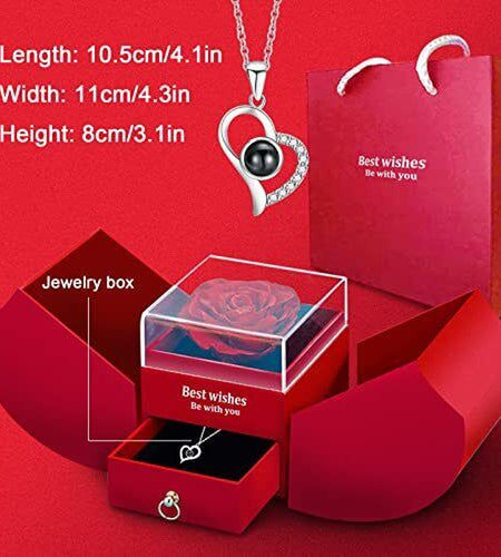 Mothers Day Gifts for Her Preserved Rose with I Love You Necklace in 100