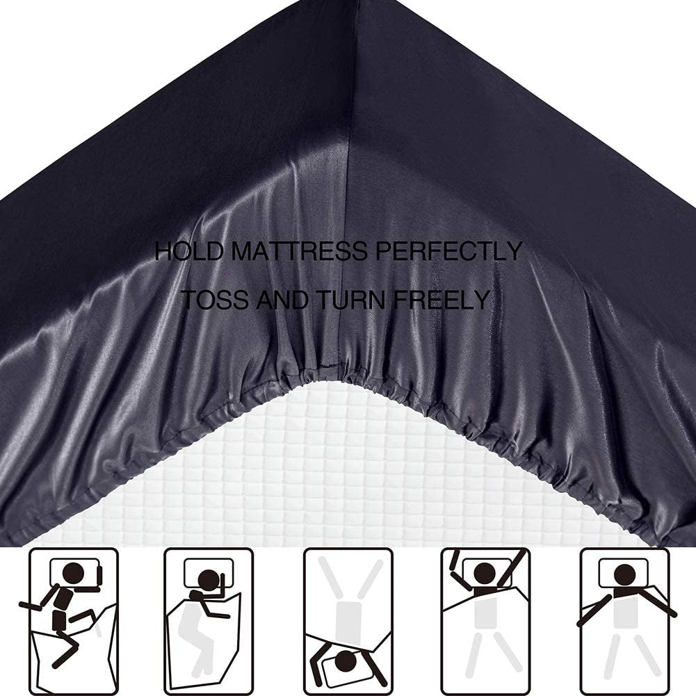 Satin Sheets Queen, Black Silk Sheets, Soft Silk Bed Sheets with 1 Deep Pocket Fitted Sheet & 1 Flat Sheet & 2 Silky Satin Pillowcases