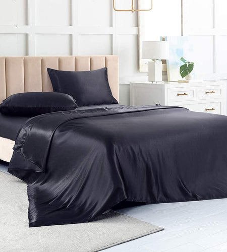 Satin Sheets Queen, Black Silk Sheets, Soft Silk Bed Sheets with 1 Deep Pocket Fitted Sheet & 1 Flat Sheet & 2 Silky Satin Pillowcases
