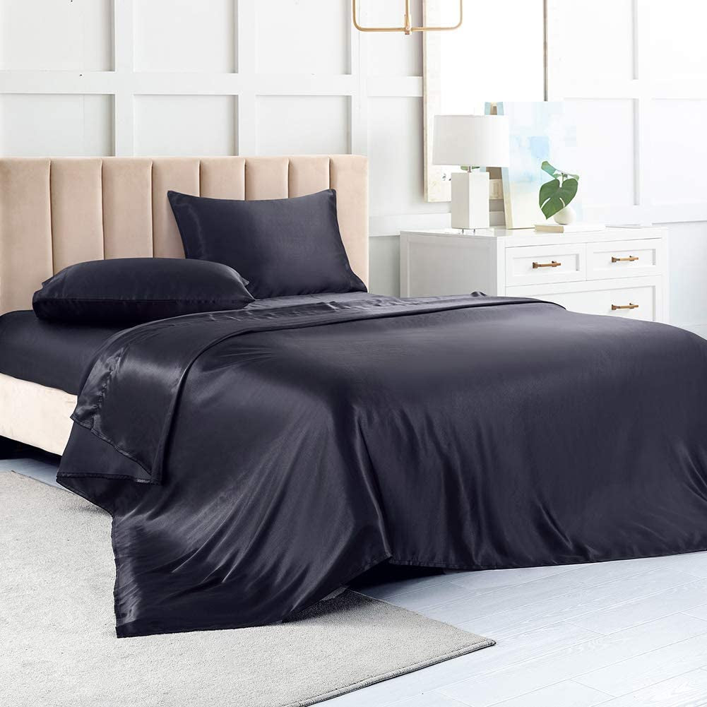 Satin Sheets Queen, Black Silk Sheets, Soft Silk Bed Sheets with 1 Deep Pocket Fitted Sheet & 1 Flat Sheet & 2 Silky Satin Pillowcases