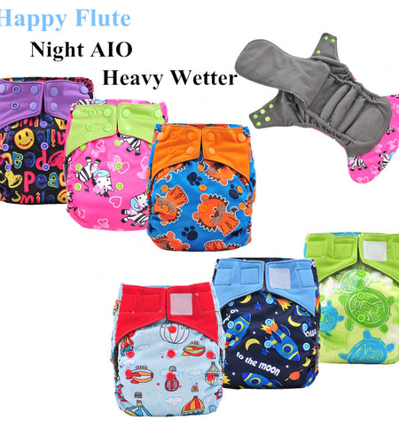 5Pcs Happy Flute Night Use AIO Cloth Diaper Heavy Wetter Baby Diapers Bamboo Charcoal Double Guards Fit 3-15Kg Baby