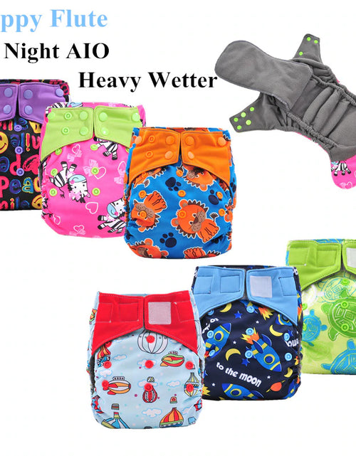 Load image into Gallery viewer, 5Pcs Happy Flute Night Use AIO Cloth Diaper Heavy Wetter Baby Diapers Bamboo Charcoal Double Guards Fit 3-15Kg Baby
