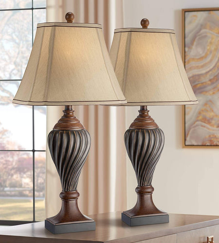 Traditional Style Table Lamps Set of 2 Carved Two Tone Dark Brown Urn Shape Beige Rectangular Shade Decor for Living Room Bedroom House Bedside Nightstand Home Office Family -