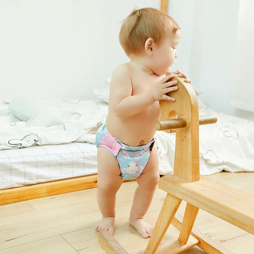 5Pcs Happy Flute Night Use AIO Cloth Diaper Heavy Wetter Baby Diapers Bamboo Charcoal Double Guards Fit 3-15Kg Baby