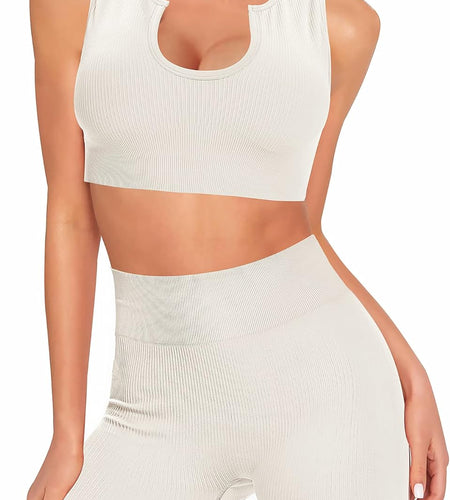 Seamless Workout Sets for Women 2 Piece Ribbed Gym Outfits Sports Bra and Legging Bike Shorts Yoga Set