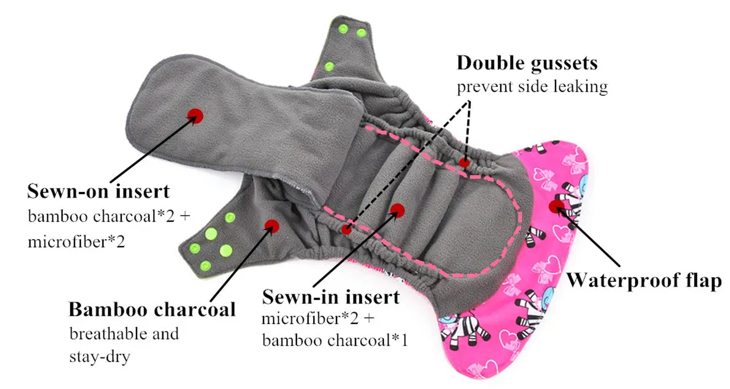 5Pcs Happy Flute Night Use AIO Cloth Diaper Heavy Wetter Baby Diapers Bamboo Charcoal Double Guards Fit 3-15Kg Baby