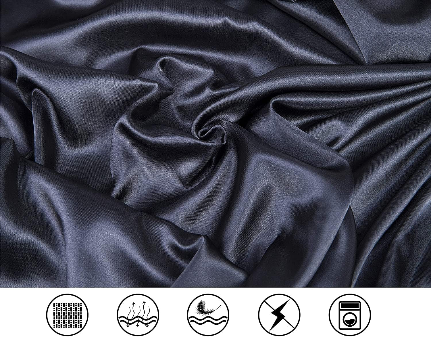 Satin Sheets Queen, Black Silk Sheets, Soft Silk Bed Sheets with 1 Deep Pocket Fitted Sheet & 1 Flat Sheet & 2 Silky Satin Pillowcases