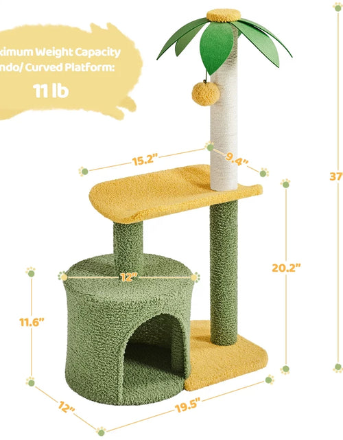 Load image into Gallery viewer, Upholstered 2-Level 37" Coconut Palm Cat Tree with Bending Perch, Gree/Yellow
