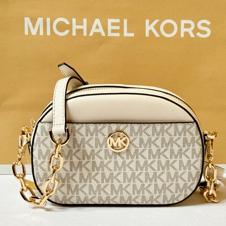 MICHAEL KORS JET SET GLAM SMALL FRONT POCKET OVAL CROSSBODY BAG MK LIGHT CREAM