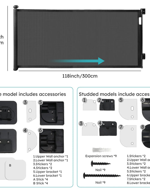 Load image into Gallery viewer, 118Inch Retractable Baby Gate Extra Wide for Doorways,Mesh Extra Long Dog Gate for Stairs,Child Safety Extra Large Gate for Doorways, Stairs, Hallways, Indoor/Outdoor(Black)
