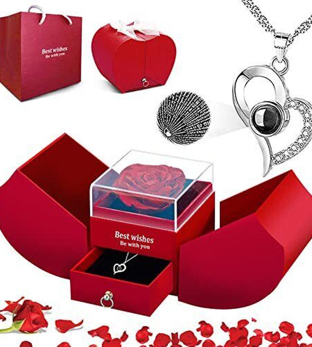 Mothers Day Gifts for Her Preserved Rose with I Love You Necklace in 100