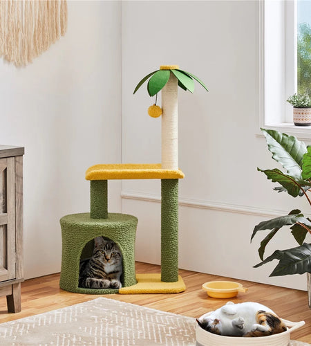 Upholstered 2-Level 37" Coconut Palm Cat Tree with Bending Perch, Gree/Yellow