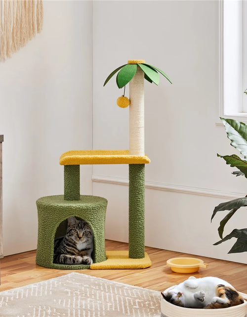 Load image into Gallery viewer, Upholstered 2-Level 37" Coconut Palm Cat Tree with Bending Perch, Gree/Yellow

