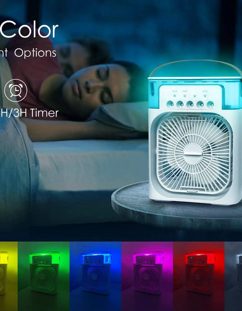 Load image into Gallery viewer, Portable Air Conditioner Fan Mini Evaporative Air Cooler with 7 Colors LED Light 1/2/3 H Timer 3 Wind Speeds and 3 Spray Modes
