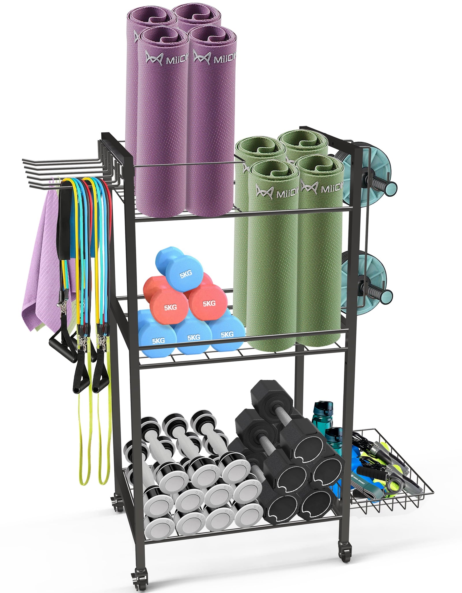 Yoga Mat Storage, Gym Equipment Storage, Cart for Organizing Workout Room, Home Gym Storage with Hooks and Wheels