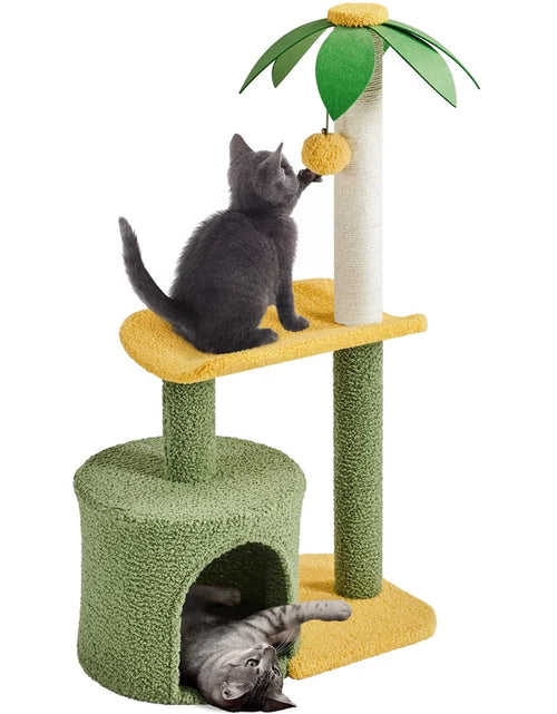 Load image into Gallery viewer, Upholstered 2-Level 37" Coconut Palm Cat Tree with Bending Perch, Gree/Yellow

