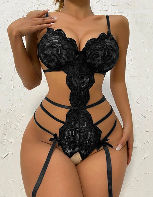 Load image into Gallery viewer, Hot Lace Bodysuit Babydoll Pajamas Set Garter Deep V Open Bra Crotchless Women'S See-Through Corset Sex Lingerie Exotic Apparel
