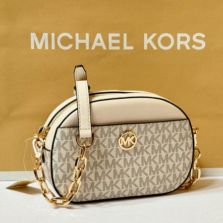 MICHAEL KORS JET SET GLAM SMALL FRONT POCKET OVAL CROSSBODY BAG MK LIGHT CREAM