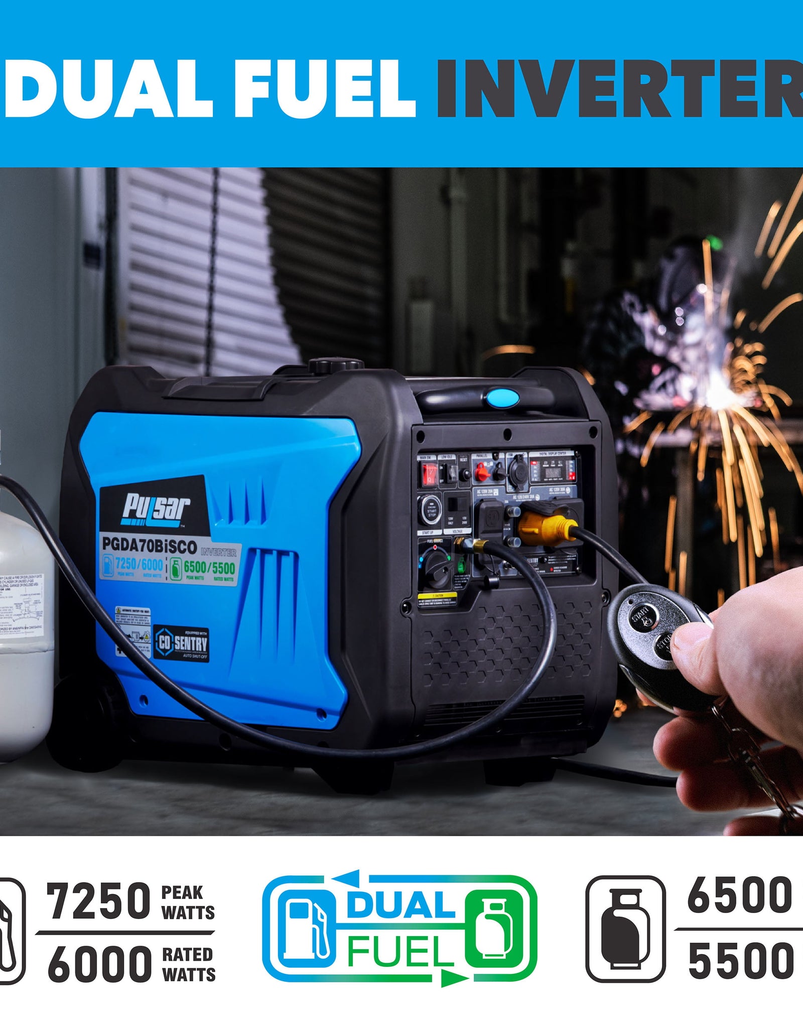 7,250 Watt Super Quiet Dual Fuel Inverter Generator with CO Alert and Remote Start