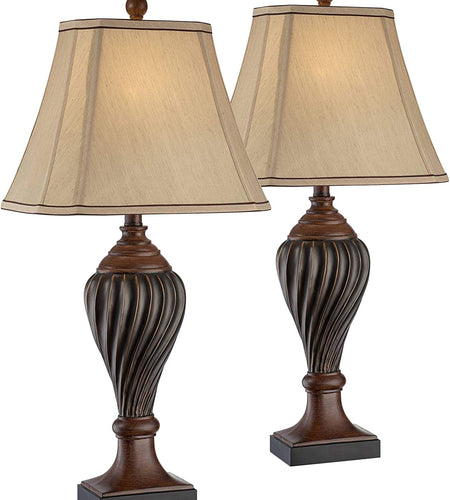 Traditional Style Table Lamps Set of 2 Carved Two Tone Dark Brown Urn Shape Beige Rectangular Shade Decor for Living Room Bedroom House Bedside Nightstand Home Office Family -