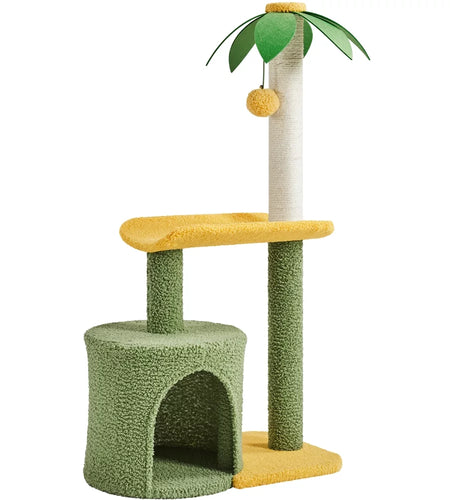 Upholstered 2-Level 37" Coconut Palm Cat Tree with Bending Perch, Gree/Yellow