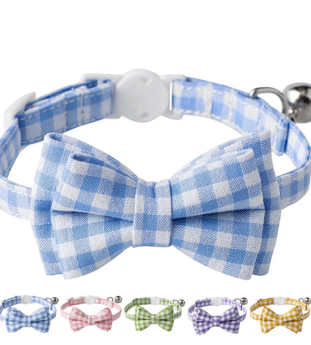 Feelers Cat Collar with Bow & Bell, Cute Plaid Patterns Collars, 1 Pack, Blue