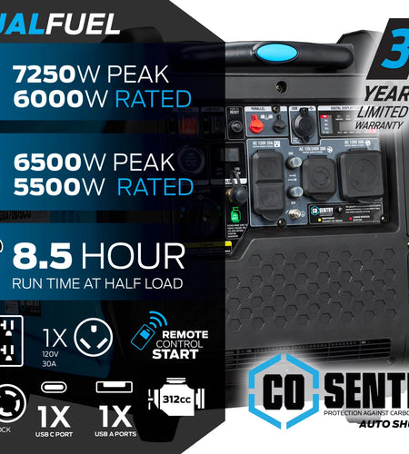7,250 Watt Super Quiet Dual Fuel Inverter Generator with CO Alert and Remote Start