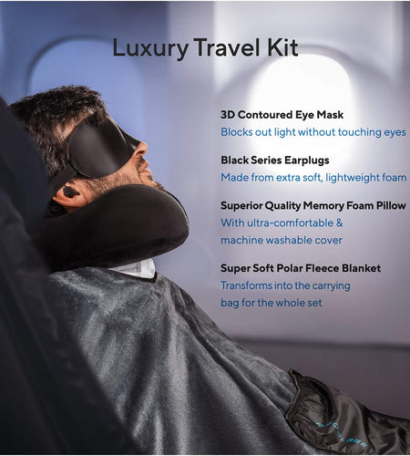 Travel Blanket Luxury Travel Set - Ergonomic Airplane Neck Pillow 100% Pure Memory Foam and Super Soft Fleece Blanket - Premium 3D Sleep Mask & Earplugs - Ultimate 4-In-1 Travel Kit Black