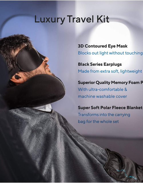 Load image into Gallery viewer, Travel Blanket Luxury Travel Set - Ergonomic Airplane Neck Pillow 100% Pure Memory Foam and Super Soft Fleece Blanket - Premium 3D Sleep Mask &amp; Earplugs - Ultimate 4-In-1 Travel Kit Black
