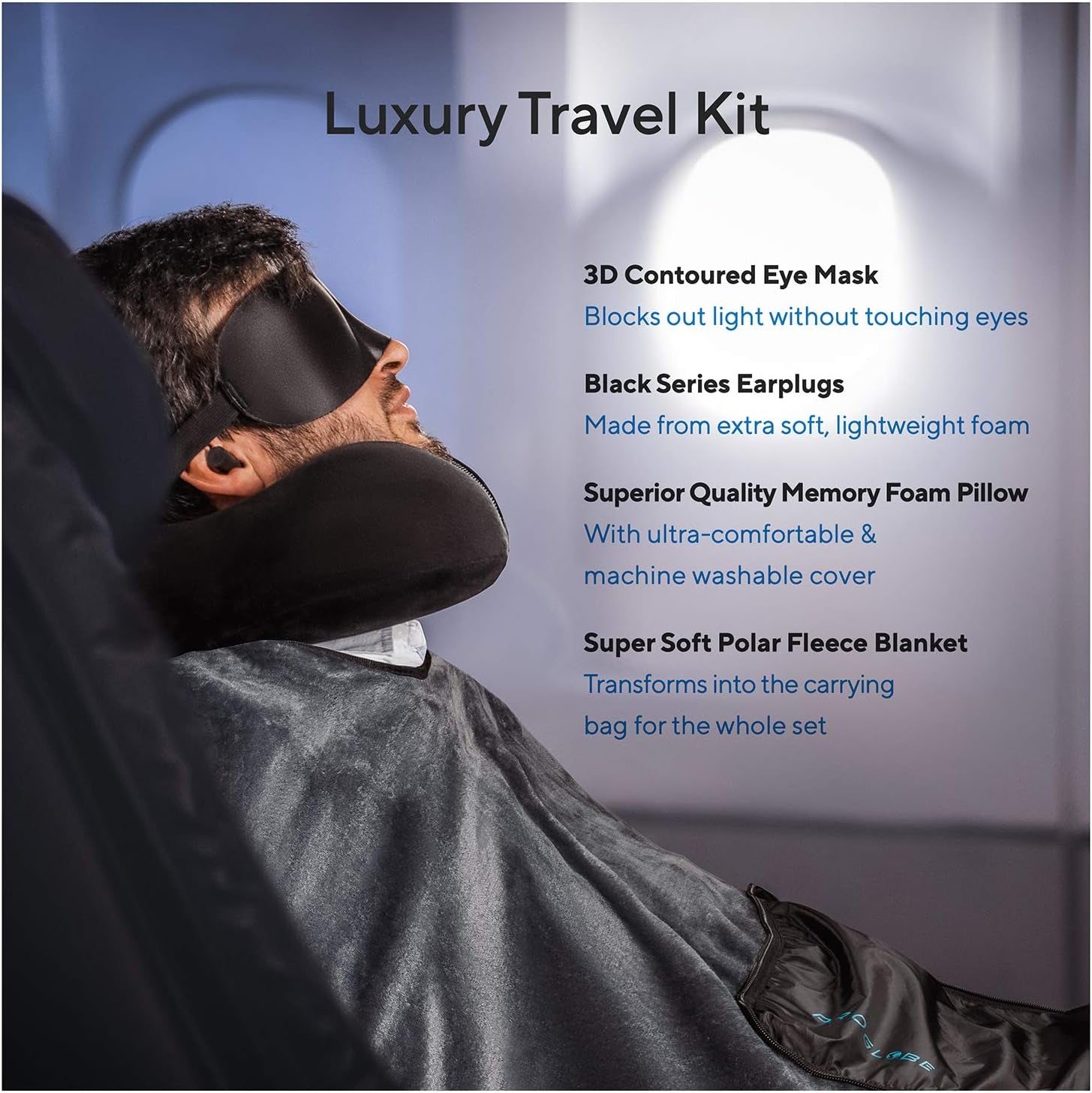 Travel Blanket Luxury Travel Set - Ergonomic Airplane Neck Pillow 100% Pure Memory Foam and Super Soft Fleece Blanket - Premium 3D Sleep Mask & Earplugs - Ultimate 4-In-1 Travel Kit Black
