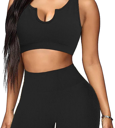 Seamless Workout Sets for Women 2 Piece Yoga Outfits Ribbed High Waist Leggings with Sports Bra Gym Set.