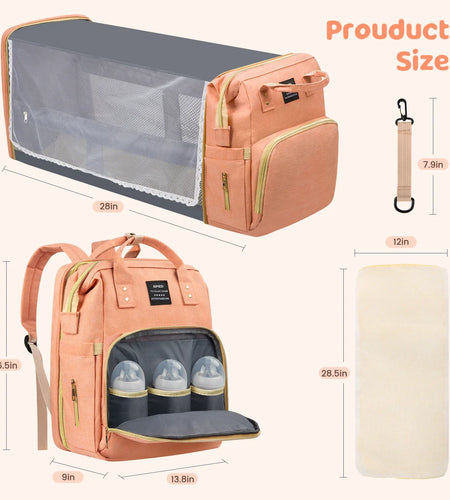 Diaper Bag Backpack, Multifunctional Baby Diaper Bags with Changing Station &Foldable Crib, Large Baby Bag for 0-6 Mouth Boys Girls W/ USB Charging Port&Stroller Strap, Mom Gifts Baby Essentials(Pink)