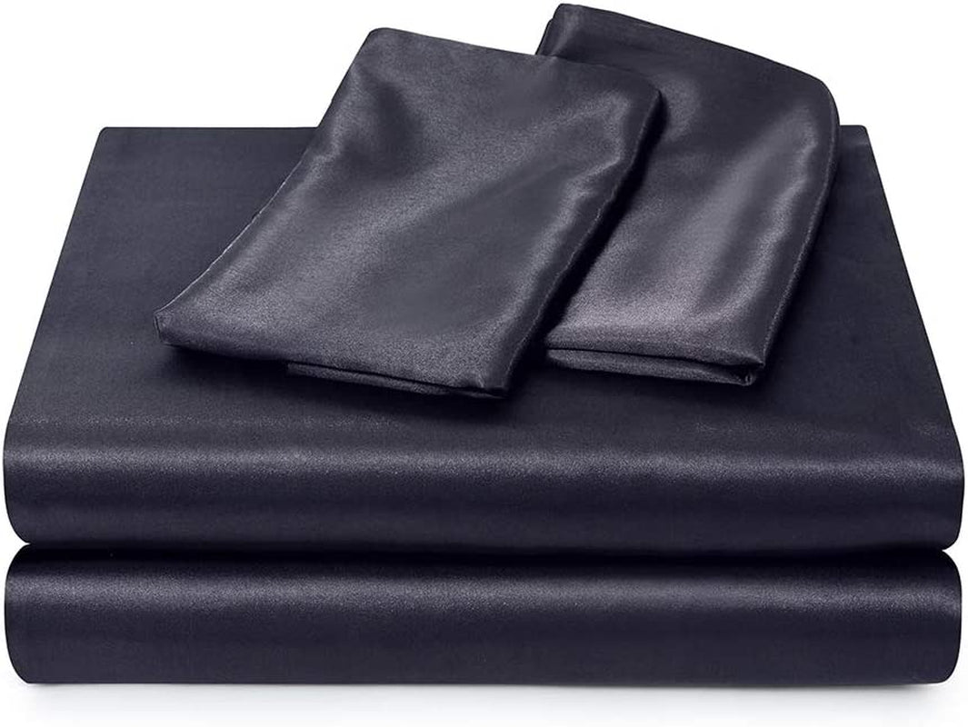 Satin Sheets Queen, Black Silk Sheets, Soft Silk Bed Sheets with 1 Deep Pocket Fitted Sheet & 1 Flat Sheet & 2 Silky Satin Pillowcases