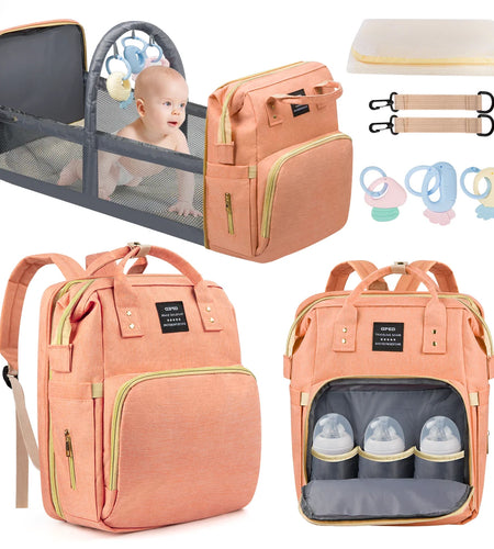 Diaper Bag Backpack, Multifunctional Baby Diaper Bags with Changing Station &Foldable Crib, Large Baby Bag for 0-6 Mouth Boys Girls W/ USB Charging Port&Stroller Strap, Mom Gifts Baby Essentials(Pink)