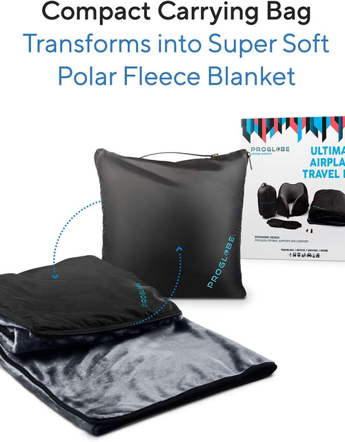 Load image into Gallery viewer, Travel Blanket Luxury Travel Set - Ergonomic Airplane Neck Pillow 100% Pure Memory Foam and Super Soft Fleece Blanket - Premium 3D Sleep Mask &amp; Earplugs - Ultimate 4-In-1 Travel Kit Black
