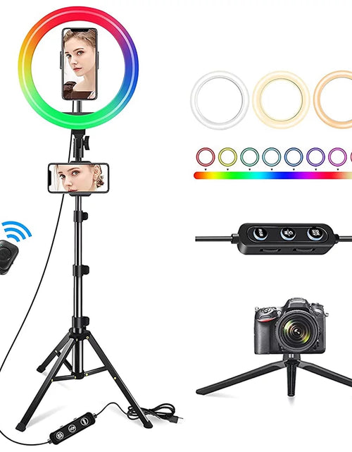 Load image into Gallery viewer, 13" LED RGB Selfie Ring Light W/ Mini &amp; Extendable Tripod Stand &amp; Phone Holder 10 Brightness Level 26 Light Modes Dimmable Ringlight for Beauty Makeup Live Streaming Youtube Video Photography Shooting
