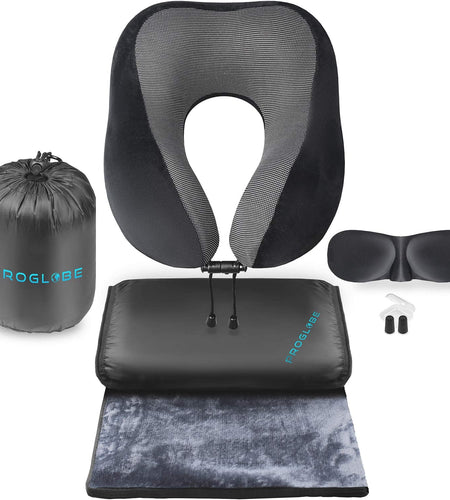 Travel Blanket Luxury Travel Set - Ergonomic Airplane Neck Pillow 100% Pure Memory Foam and Super Soft Fleece Blanket - Premium 3D Sleep Mask & Earplugs - Ultimate 4-In-1 Travel Kit Black