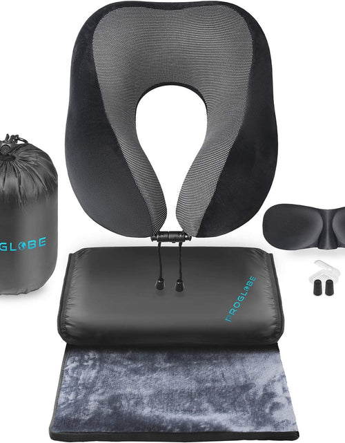 Load image into Gallery viewer, Travel Blanket Luxury Travel Set - Ergonomic Airplane Neck Pillow 100% Pure Memory Foam and Super Soft Fleece Blanket - Premium 3D Sleep Mask &amp; Earplugs - Ultimate 4-In-1 Travel Kit Black
