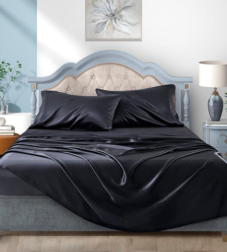 Satin Sheets Queen, Black Silk Sheets, Soft Silk Bed Sheets with 1 Deep Pocket Fitted Sheet & 1 Flat Sheet & 2 Silky Satin Pillowcases
