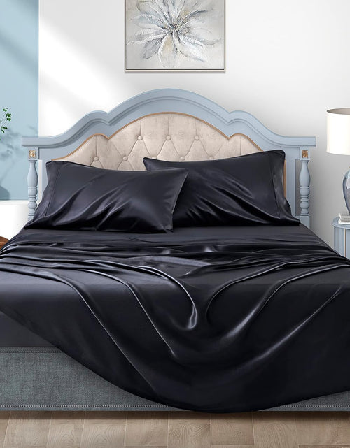 Load image into Gallery viewer, Satin Sheets Queen, Black Silk Sheets, Soft Silk Bed Sheets with 1 Deep Pocket Fitted Sheet &amp; 1 Flat Sheet &amp; 2 Silky Satin Pillowcases
