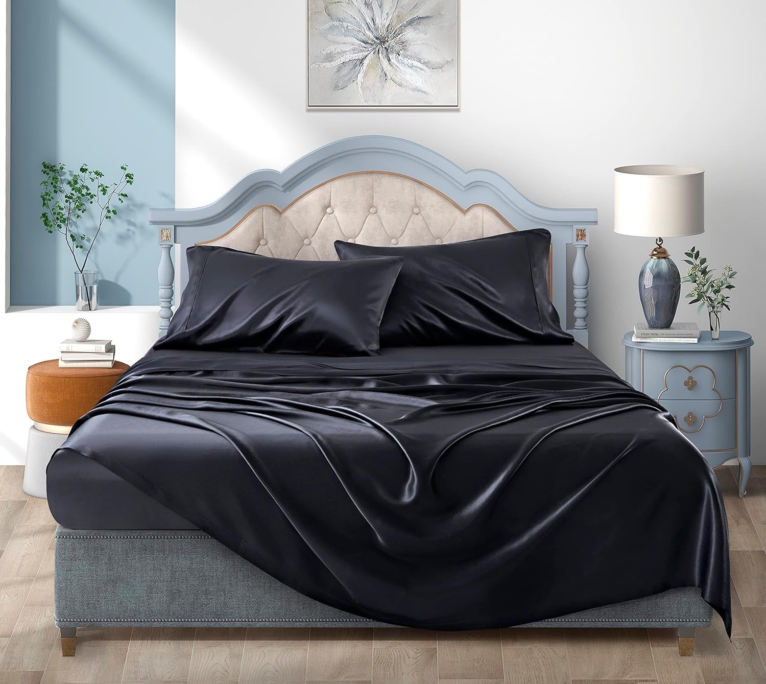 Satin Sheets Queen, Black Silk Sheets, Soft Silk Bed Sheets with 1 Deep Pocket Fitted Sheet & 1 Flat Sheet & 2 Silky Satin Pillowcases