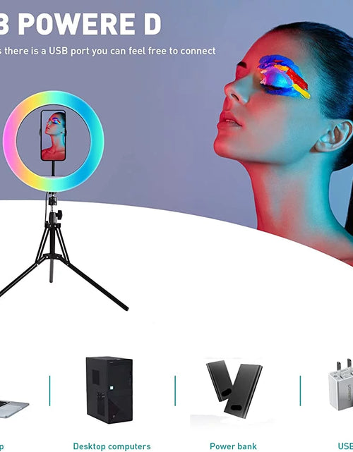 Load image into Gallery viewer, 13" LED RGB Selfie Ring Light W/ Mini &amp; Extendable Tripod Stand &amp; Phone Holder 10 Brightness Level 26 Light Modes Dimmable Ringlight for Beauty Makeup Live Streaming Youtube Video Photography Shooting
